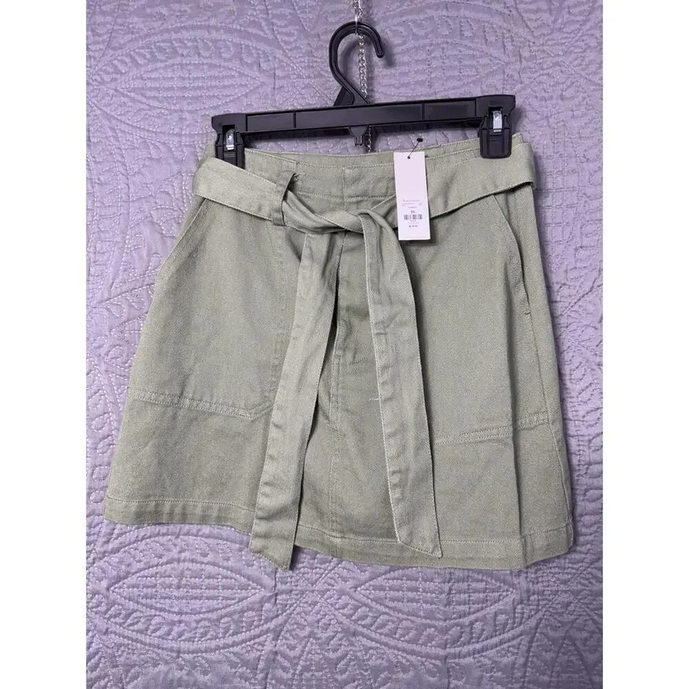 Harper Heritage Mini Skirt Sz XS Green Denim Cotton Belt Bow Pockets Boho Belted